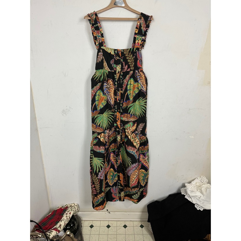 Farm Rio Tropical Leaf Print Button Front Ruffle Midi Dress Black Multi Size M
